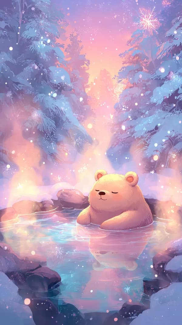 Pastel Winter Forest: Cozy Bear Bathing in a Steam Hot Spring - HD Wallpaper, 4k Background Image