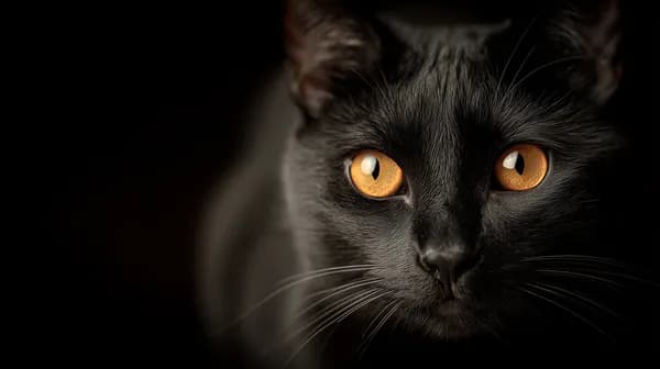 Moody black cat close-up with fiery amber eyes portrait - HD Wallpaper, 4k Background Image
