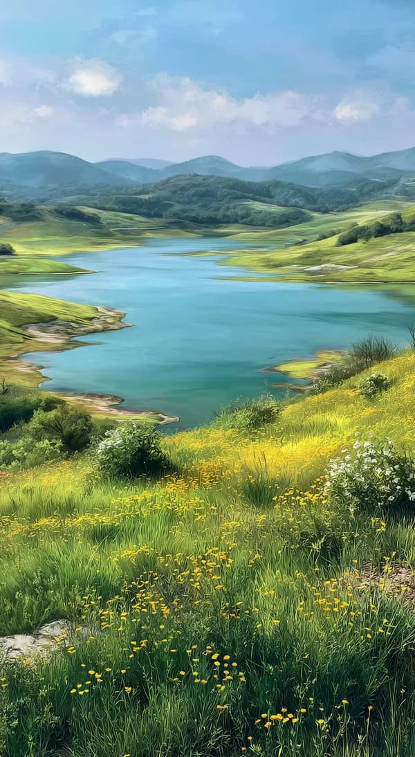 Tranquil Lake Landscape with Rolling Hills and Yellow Wildflowers - HD Wallpaper, 4k Background Image