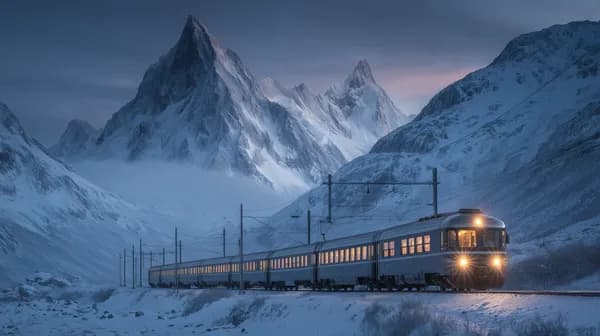 Snowy Mountain Train at Twilight in Blue Winter Landscape - HD Wallpaper, 4k Background Image