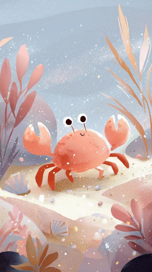 Pastel Cartoon Crab Wallpaper: Soothing Underwater Scene - HD Wallpaper, 4k Background Image
