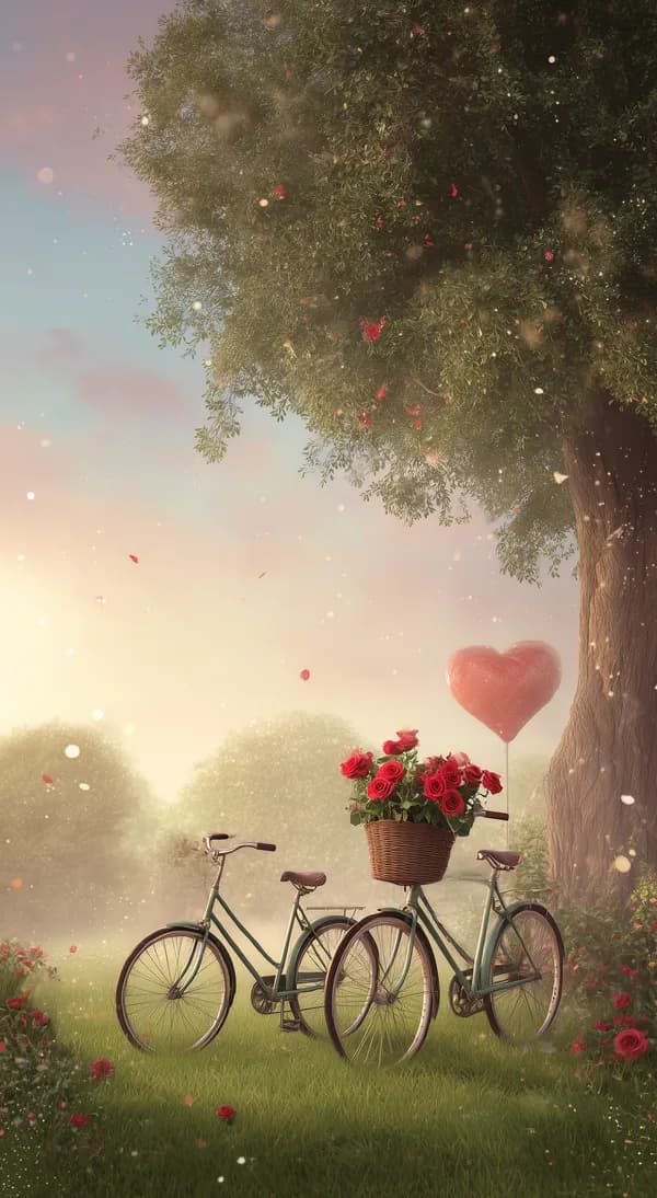 Romantic Garden Bicycles with Roses and Heart Balloon at Sunset - HD Wallpaper, 4k Background Image