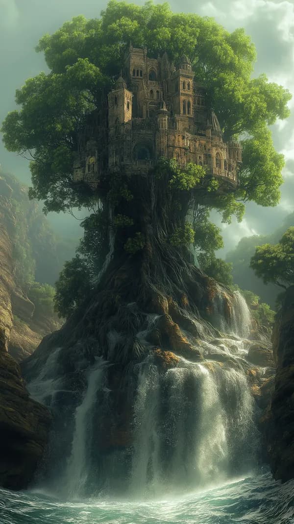 Enchanted Tree Fortress Above a Majestic Waterfall - HD Wallpaper, 4k Background Image