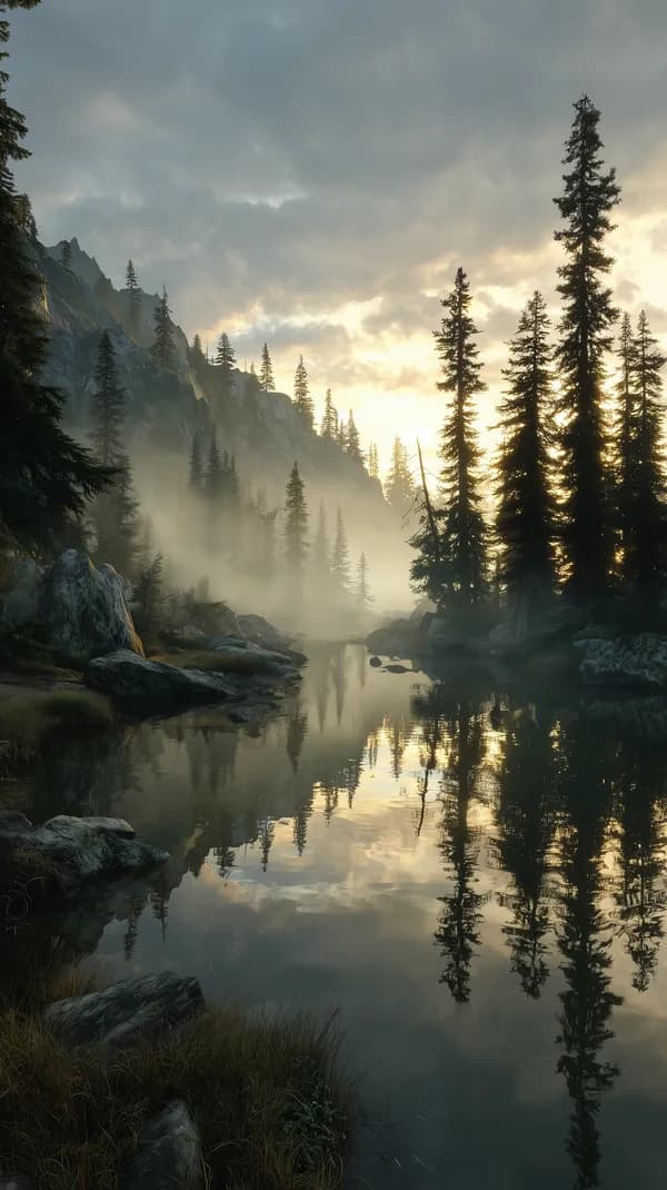 Serene Mountain Lake at Dawn with Misty Forest Reflections - HD Wallpaper, 4k Background Image