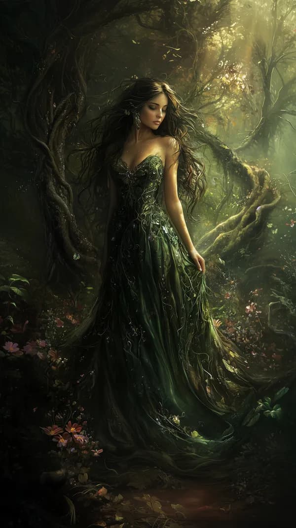Enchanted Forest Maiden in an Emerald Gown - Fantasy Wallpaper - HD Wallpaper, 4k Background Image