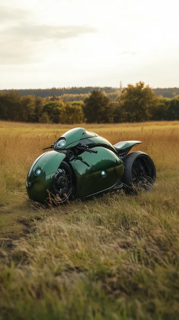 Glossy Green Futuristic Motorcycle in Sunset Field at Dusk - HD Wallpaper, 4k Background Image