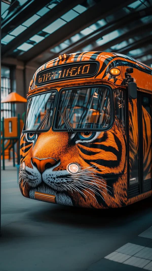 Tiger-Print Bus Wallpaper: Bold Orange Transit Art Scene - HD Wallpaper, 4k Background Image