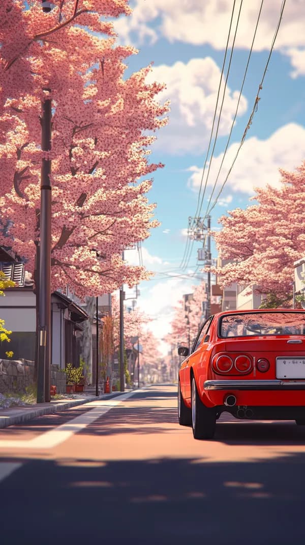 Pastel Sakura Street with Red Classic Car, Dreamy Cityscape - HD Wallpaper, 4k Background Image