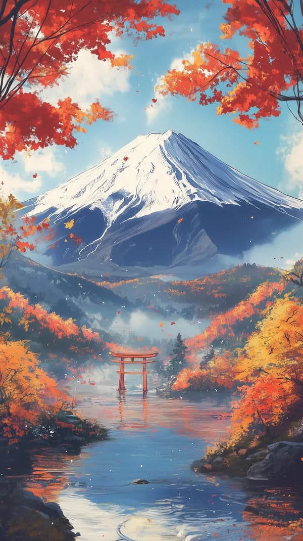 Autumn Mountain Landscape with Snowy Peak and Torii Gate - HD Wallpaper, 4k Background Image
