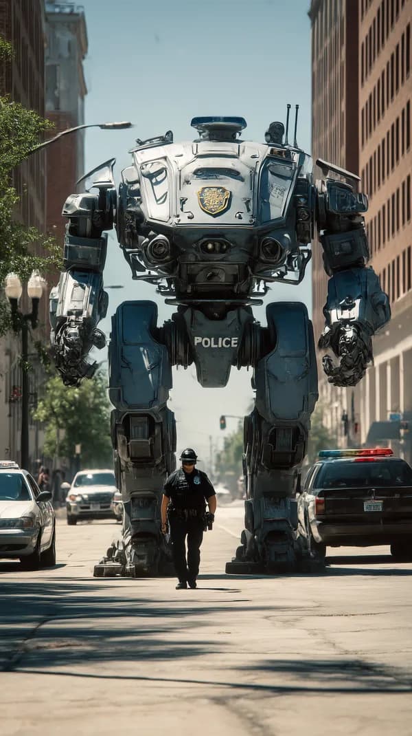 Futuristic Mech Police Robot Strides Through City Street - HD Wallpaper, 4k Background Image