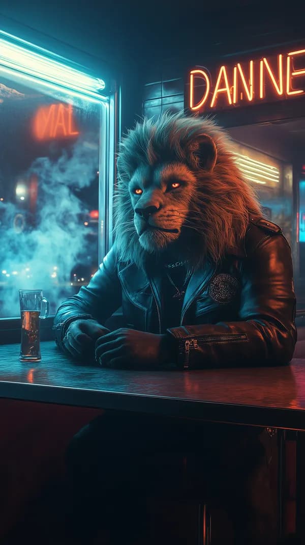 Neon-Drenched Lion Warrior at a Diner - Cyberpunk Portrait - HD Wallpaper, 4k Background Image