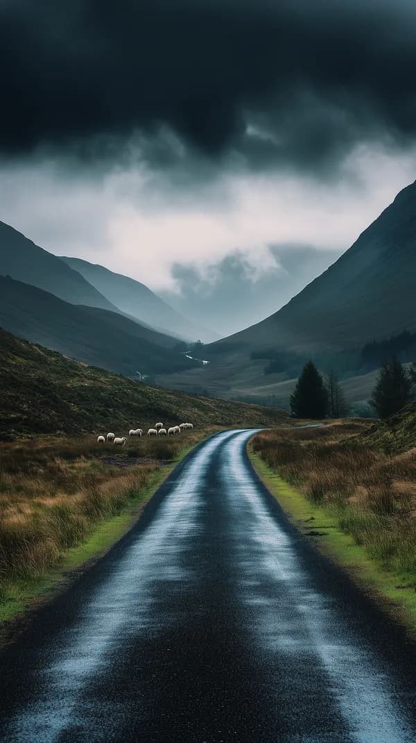 Moody valley road landscape under stormy skies at dusk - HD Wallpaper, 4k Background Image
