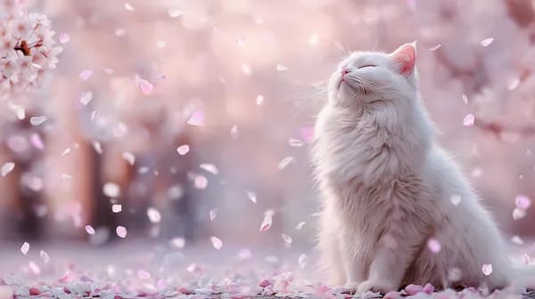 Dreamy pink cherry blossom scene with a white fluffy cat - HD Wallpaper, 4k Background Image