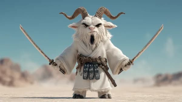 Epic Fantasy Warrior Goat with Dual Swords in Desert - HD Wallpaper, 4k Background Image