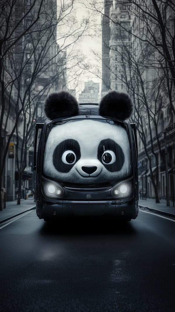 Adorable Panda Bus in City Street Monochrome Wallpaper - HD Wallpaper, 4k Background Image