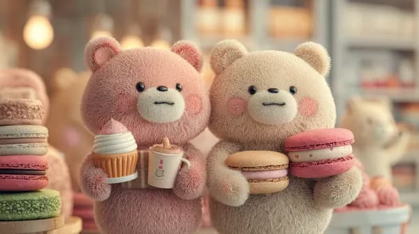 Pastel Plush Bears with Macarons in a Cozy Bakery Scene - HD Wallpaper, 4k Background Image