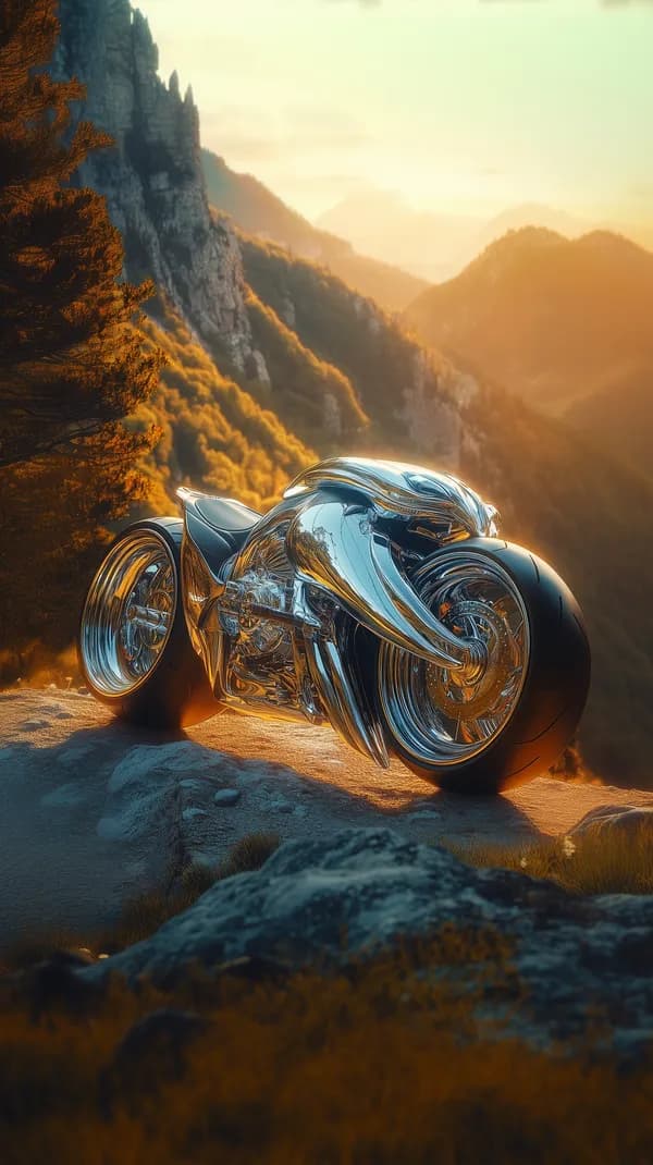 Chrome Fantasy Motorcycle in Golden Mountain Sunset - HD Wallpaper, 4k Background Image