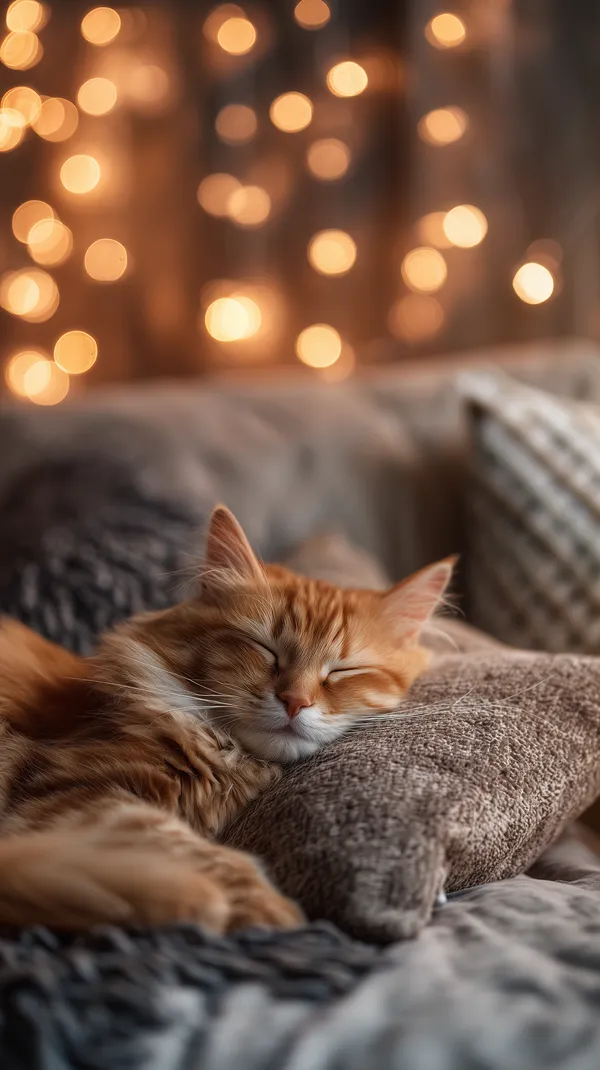Cozy Orange Cat Sleeping on Plush Bed with Warm Bokeh Lights - HD Wallpaper, 4k Background Image