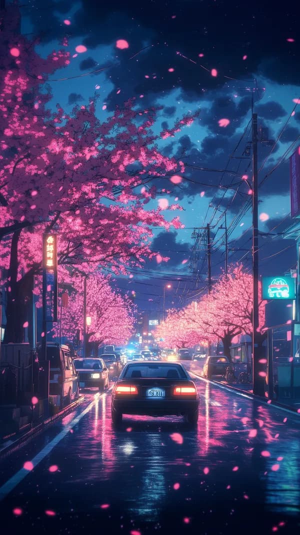 Dreamy Night City Street with Neon Pink Cherry Blossoms - HD Wallpaper, 4k Background Image