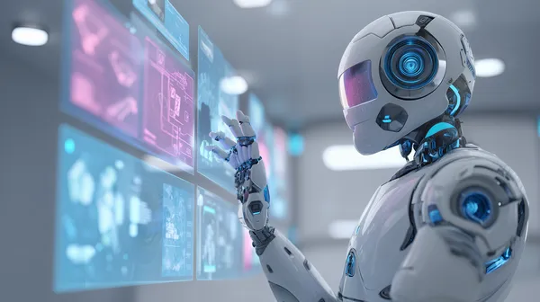 Futuristic Android Interacting with Neon Holographic Screens - HD Wallpaper, 4k Background Image