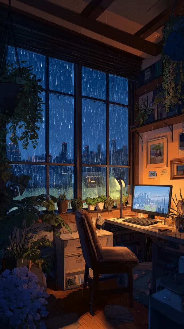 Cozy Night Office by Rainy City Window with Lush Plants - HD Wallpaper, 4k Background Image