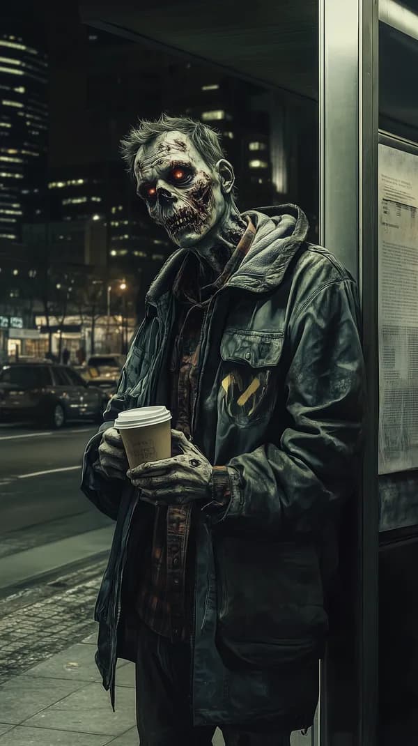 Moody urban zombie at night with coffee - digital artwork - HD Wallpaper, 4k Background Image