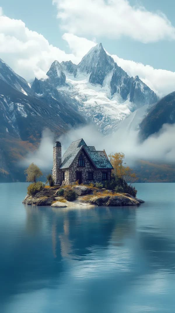 Serene Stone Cottage on a Remote Mountain Lake Island - HD Wallpaper, 4k Background Image