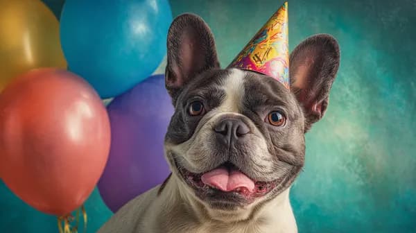 Playful party-dog wallpaper with balloons and hat - HD Wallpaper, 4k Background Image