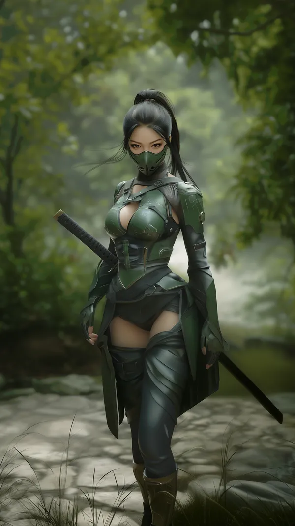 Green Armored Ninja Warrior in a Misty Forest Landscape - HD Wallpaper, 4k Background Image