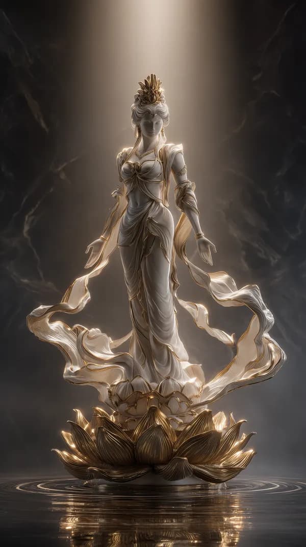 Ethereal Goddess Statue on Golden Lotus - Fantasy Wallpaper - HD Wallpaper, 4k Background Image