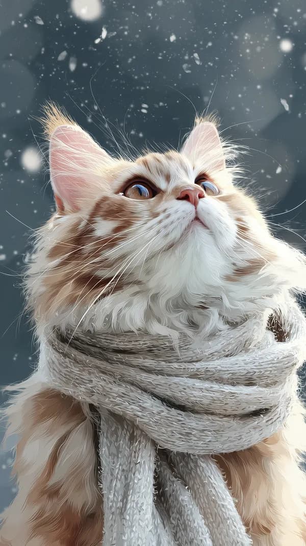 Cozy Snowy Cat Portrait in a Soft Winter Scarf Artwork - HD Wallpaper, 4k Background Image