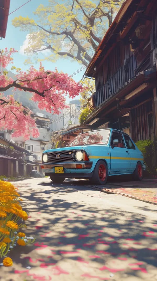 Vintage blue sedan on a sunlit street amid blooming trees - HD Wallpaper, 4k Background Image