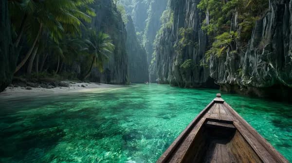 Emerald Turquoise Waterway: Wooden Boat in Tropical Canyon - HD Wallpaper, 4k Background Image