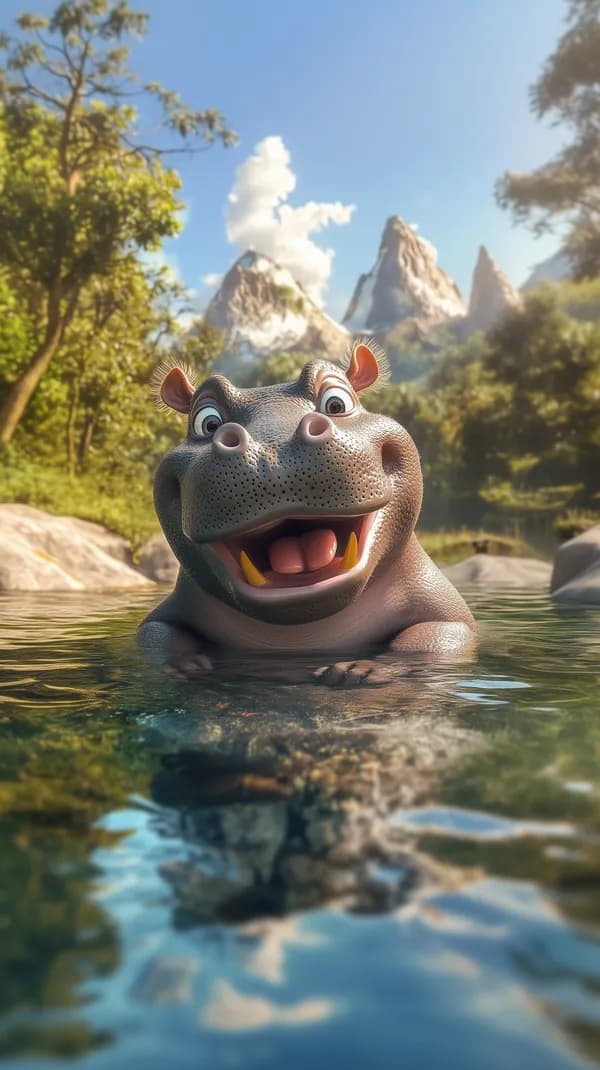 Cheerful 3D Hippo in Sunny Nature Landscape Artwork - HD Wallpaper, 4k Background Image