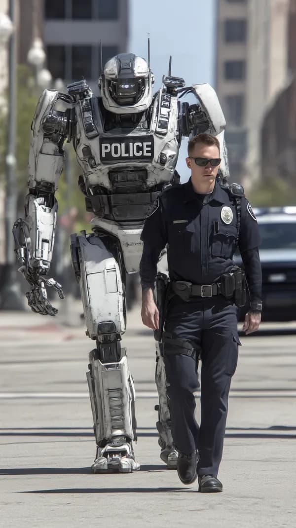 Futuristic Police Robot and Officer in City Street - HD Wallpaper, 4k Background Image