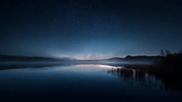 Moonlit Night Lakeside Panorama in Deep Blue tones with Stars - HD Wallpaper, 4k Background Image