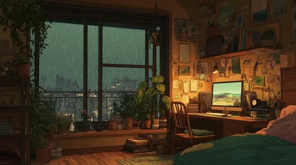 Cozy Rainy Night Home Office with Plants and City View - HD Wallpaper, 4k Background Image