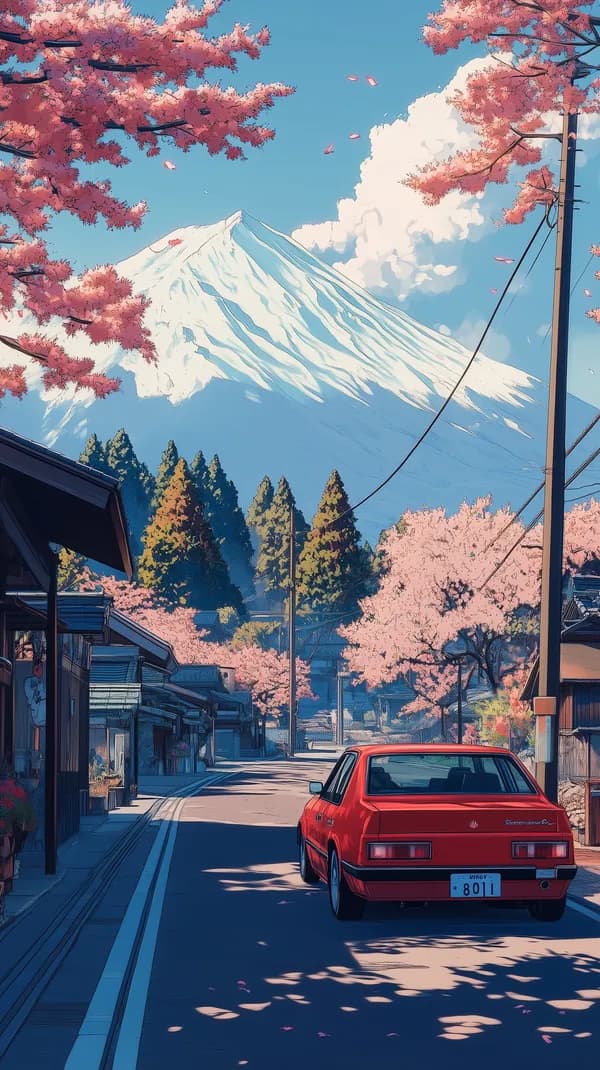 Cherry Blossom Street Scene with Snow-Capped Mountain - HD Wallpaper, 4k Background Image