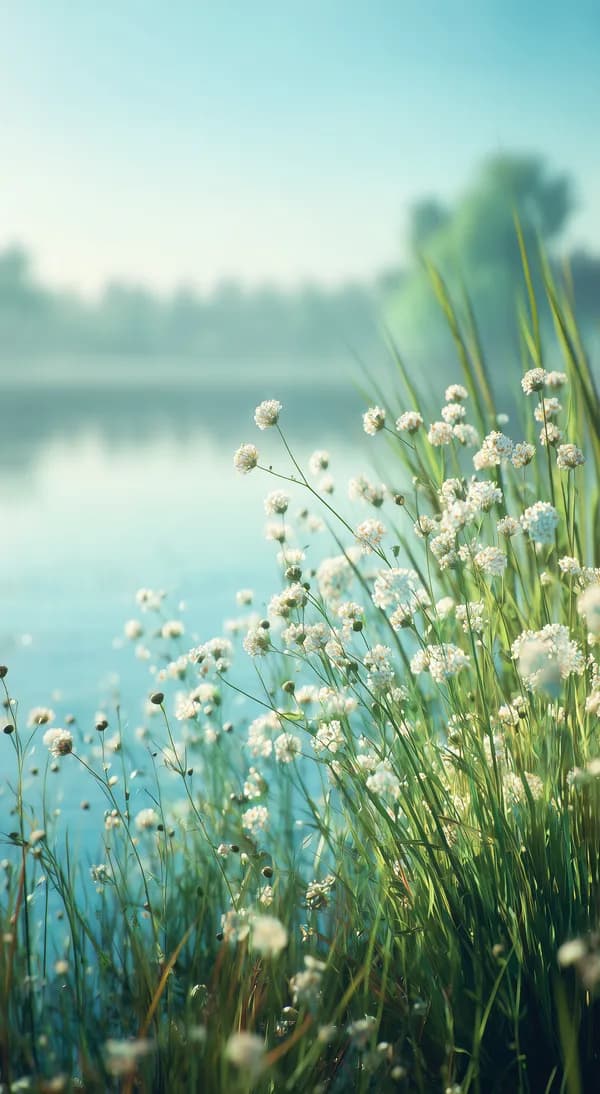 Tranquil Meadow of White Flowers by a Calm Lake Scene - HD Wallpaper, 4k Background Image