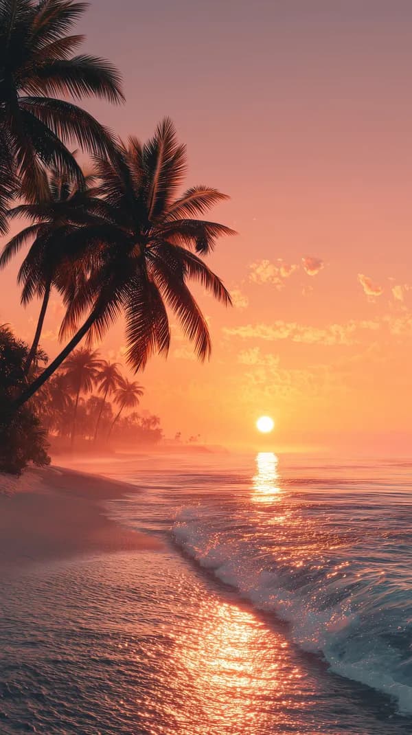 Tropical Sunset Beach Wallpaper with Palm Trees and Waves - HD Wallpaper, 4k Background Image