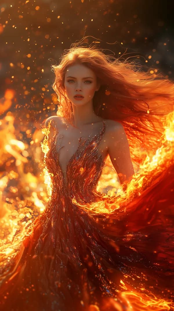 Fiery Gown Portrait: A Cinematic Flame-Wrapped Vision - HD Wallpaper, 4k Background Image