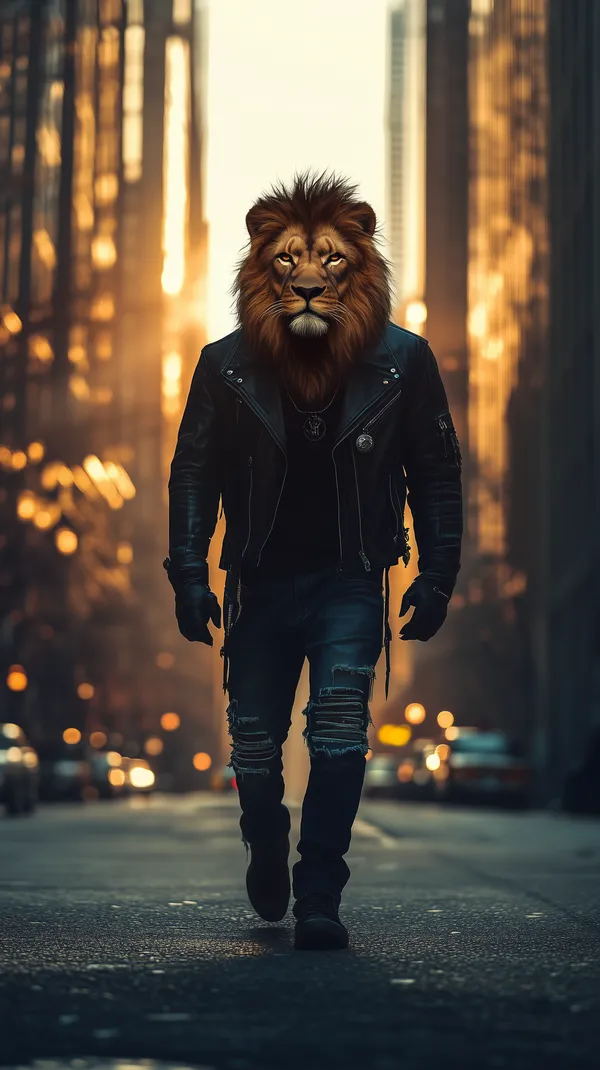 Lion-Headed Urban Wanderer in Leather Jacket at Sunset - HD Wallpaper, 4k Background Image