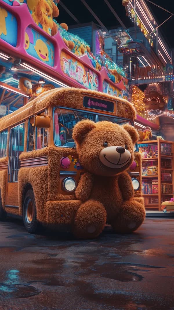 Cozy Teddy Bear on a Neon Night Carnival Bus Scene - HD Wallpaper, 4k Background Image