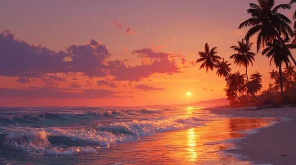Tropical Sunset Beach Wallpaper with Palms and Orange Glow - HD Wallpaper, 4k Background Image