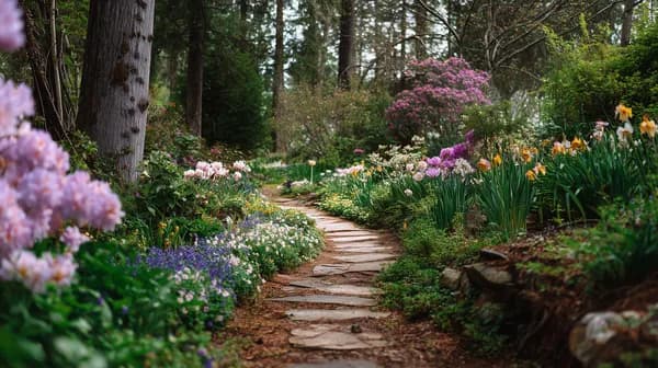 Serene Stone Path through a Flowering Spring Garden with Blooms - HD Wallpaper, 4k Background Image