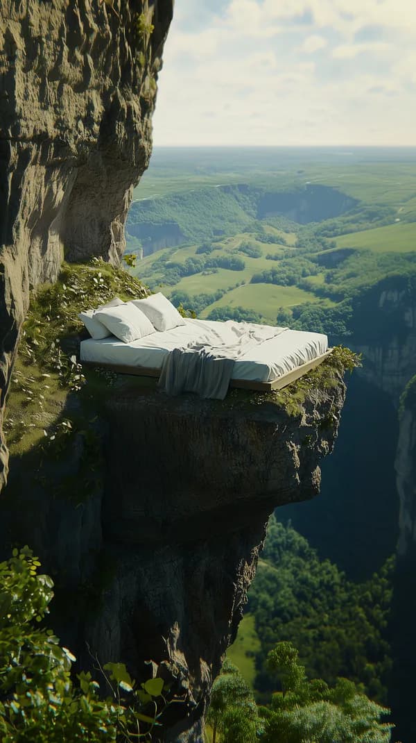 Dreamy Cliffside Bed Overlooking Vast Green Valley - HD Wallpaper, 4k Background Image
