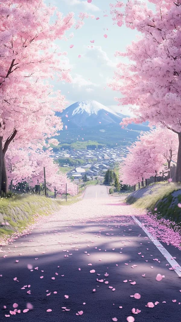 Cherry Blossom Road to Snowy Mountain Village - Dreamy Spring Scene - HD Wallpaper, 4k Background Image