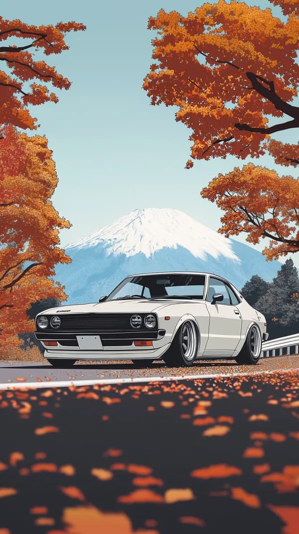 Autumn Road Scene with Vintage Car and Snowy Mountain Backdrop - HD Wallpaper, 4k Background Image