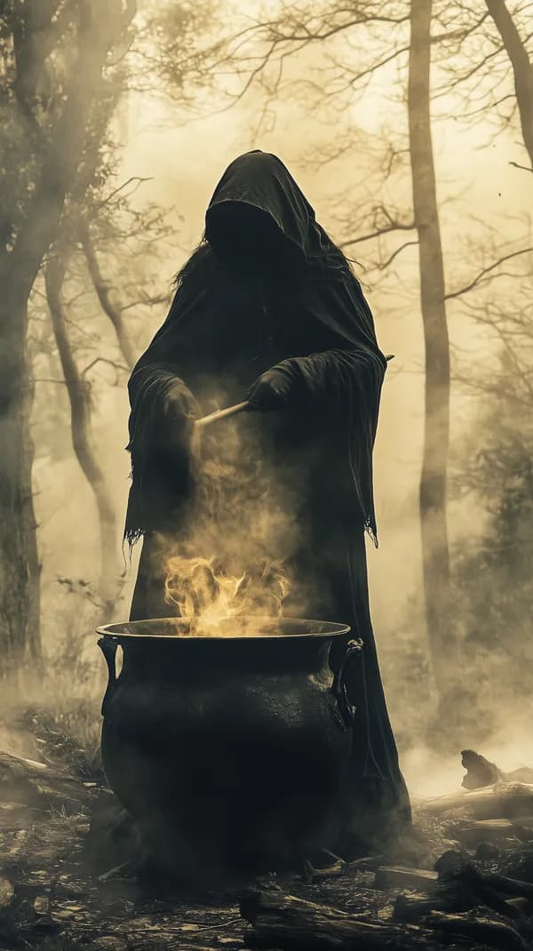 Mystical forest witch with cauldron in smoky haze - HD Wallpaper, 4k Background Image