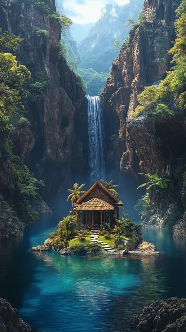 Tranquil canyon waterfall cottage on turquoise lake wallpaper - HD Wallpaper, 4k Background Image